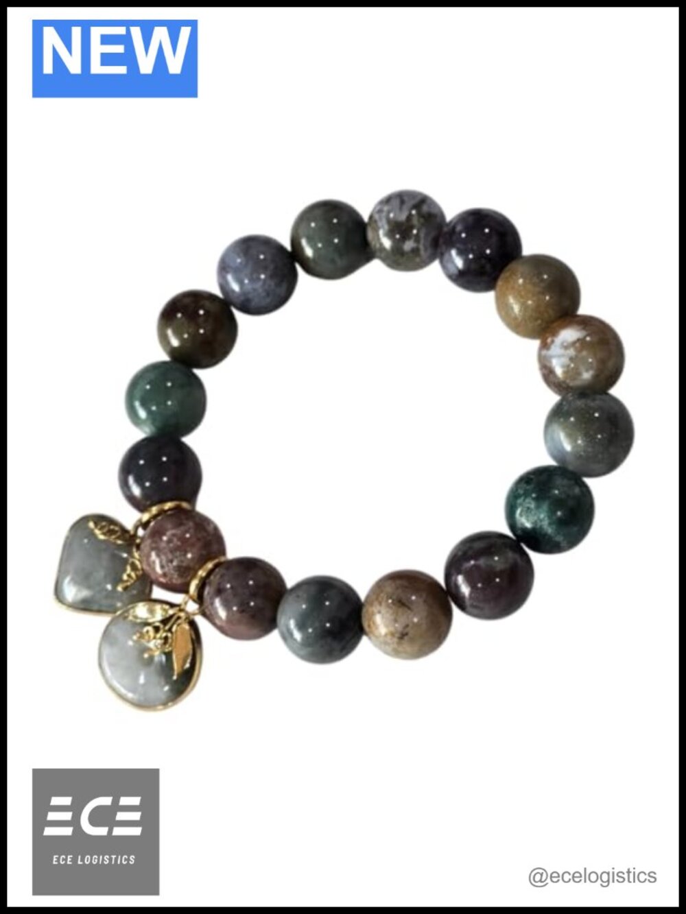 Natural Jade Beaded Stretch Bracelet with Gold Charm